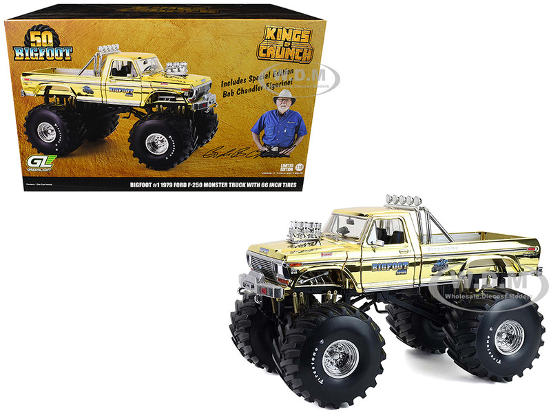 1979 Ford F 250 Monster Truck Bigfoot #1 50th Anniversary Gold Chrome with Bob Chandler Standing Figure Kings of Crunch Series 1/18 Diecast Model Car Greenlight 13715