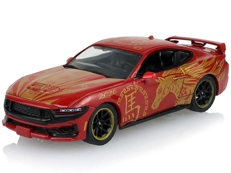 2024 Ford Mustang Dark Horse Chinese Zodiac 2026 Year of the Horse Red with Gold Graphics Hobby Exclusive Series 1/64 Diecast Model Car Greenlight GL30576