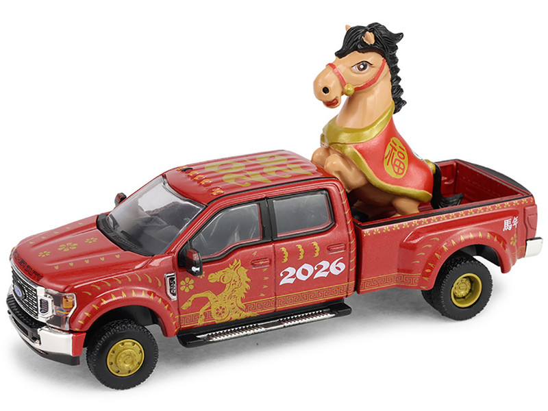 2022 Ford F 450 Dually Pickup Truck Chinese Zodiac 2026 Year of the Horse Red with Gold Graphics and Horse Figure Hobby Exclusive Series 1/64 Diecast Model Car Greenlight GL30577