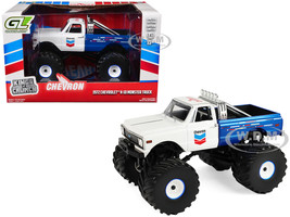 1972 Chevrolet K 10 Monster Truck Chevron 150th Anniversary White and Blue Metallic Kings of Crunch Series 1/43 Diecast Model Car Greenlight 88063