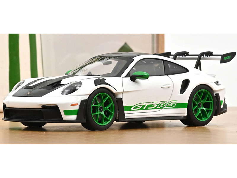 2022 Porsche 911 GT3 RS Weissach Pack White with Green Stripes And Carbon Hood and Top 1/18 Diecast Model Car Norev 187372