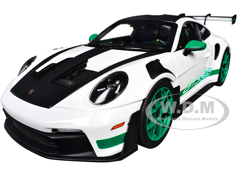 2022 Porsche 911 GT3 RS Weissach Pack White with Green Stripes And Carbon Hood and Top 1/18 Diecast Model Car Norev 187372