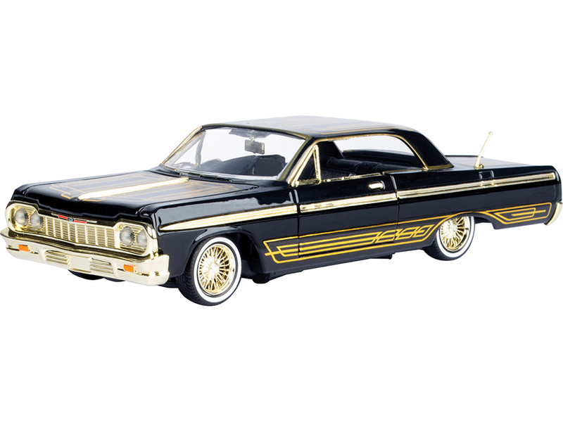 1964 Chevrolet Impala Lowrider Black with Gold Graphics and Wheels Midnight Eclipse Series 1/24 Diecast Model Car Motormax 79202BK