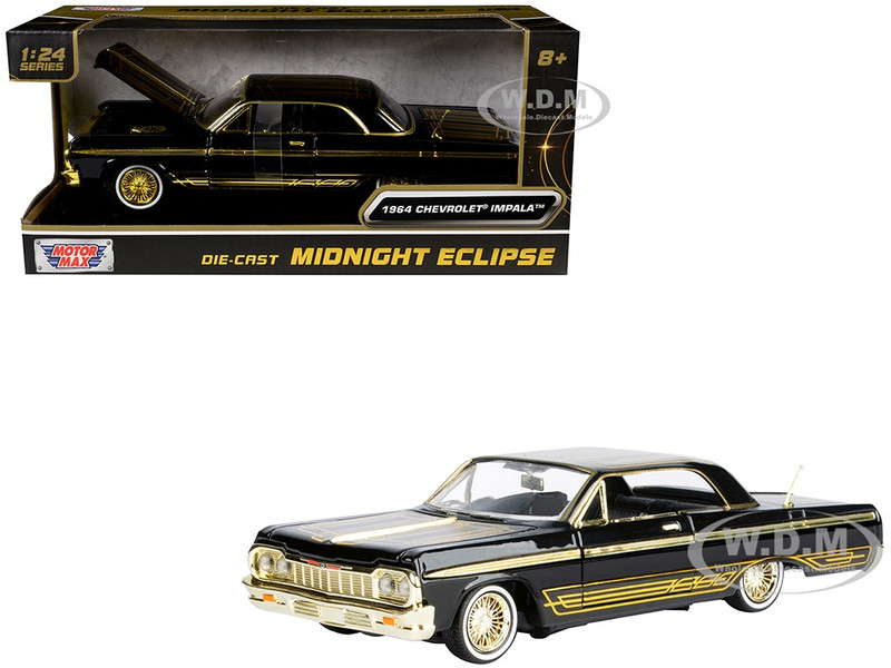 1964 Chevrolet Impala Lowrider Black with Gold Graphics and Wheels Midnight Eclipse Series 1/24 Diecast Model Car Motormax 79202BK