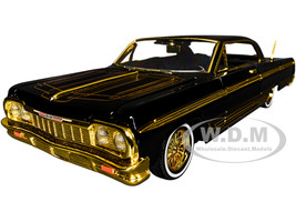 1964 Chevrolet Impala Lowrider Black with Gold Graphics and Wheels Midnight Eclipse Series 1/24 Diecast Model Car Motormax 79202BK
