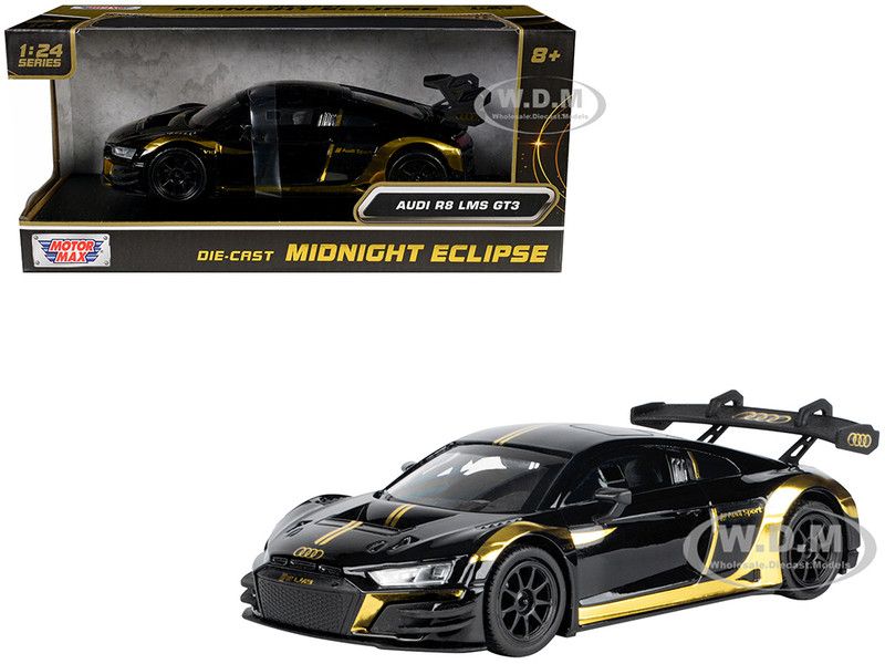 Audi R8 LMS GT3 Black with Gold Stripes and Graphics Midnight Eclipse Series 1/24 Diecast Model Car Motormax 79208BK