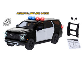 2025 Chevrolet Tahoe PPV Black and White Builder s Kit with Flashing Light Bar and Front and Rear Lights and Sounds 1/24 Diecast Model Car Motormax 79623BKW