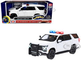 2025 Chevrolet Tahoe PPV White Builder s Kit with Flashing Light Bar and Front and Rear Lights and Sounds 1/24 Diecast Model Car Motormax 79623W