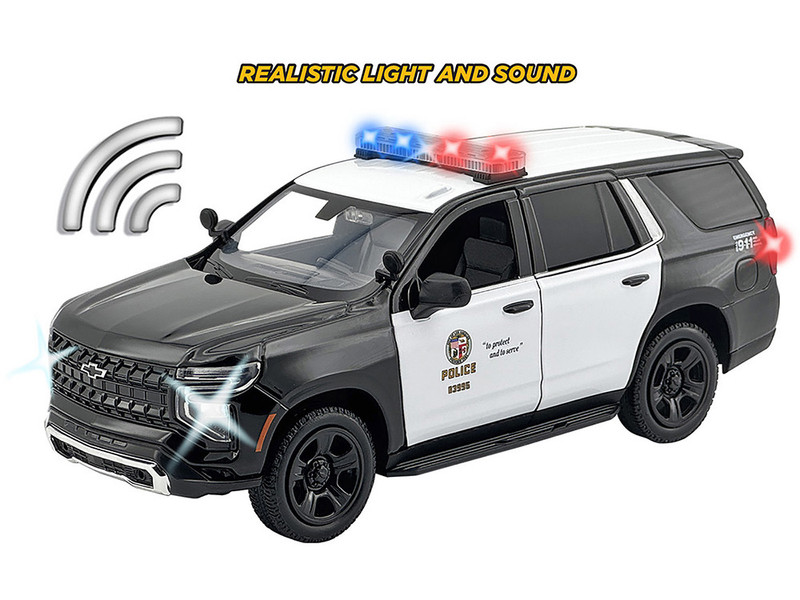 2025 Chevrolet Tahoe PPV LAPD Los Angeles Police Department Black and White with Flashing Light Bar and Front and Rear Lights and Sounds 1/24 Diecast Model Car Motormax 79627