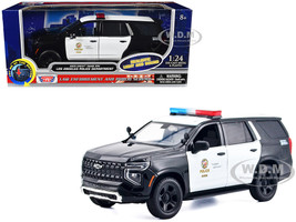 2025 Chevrolet Tahoe PPV LAPD Los Angeles Police Department Black and White with Flashing Light Bar and Front and Rear Lights and Sounds 1/24 Diecast Model Car Motormax 79627