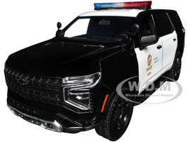 2025 Chevrolet Tahoe PPV LAPD Los Angeles Police Department Black and White with Flashing Light Bar and Front and Rear Lights and Sounds 1/24 Diecast Model Car Motormax 79627