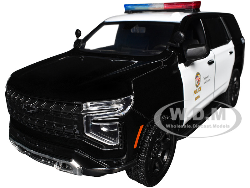 2025 Chevrolet Tahoe PPV LAPD Los Angeles Police Department Black and White with Flashing Light Bar and Front and Rear Lights and Sounds 1/24 Diecast Model Car Motormax 79627