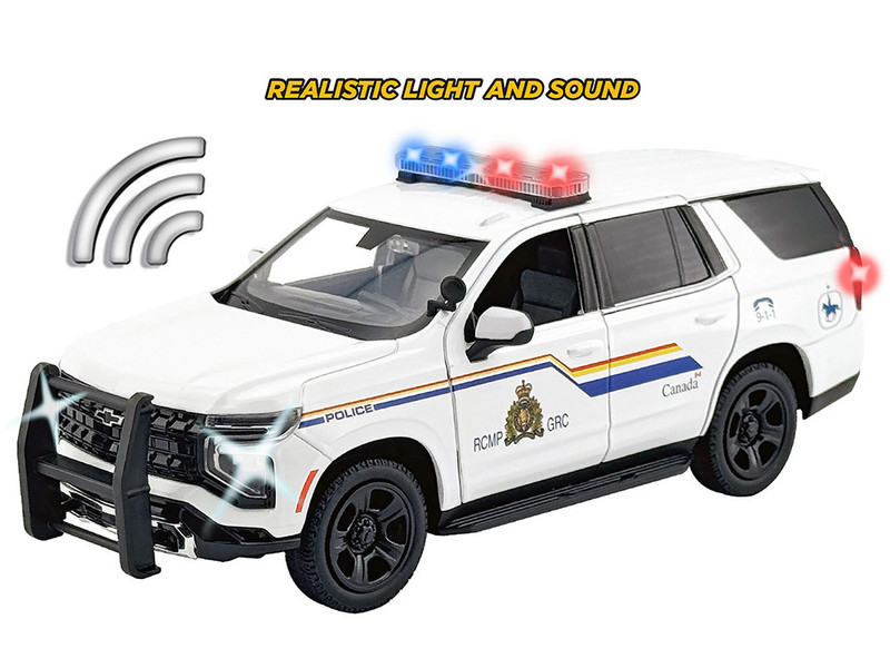 2025 Chevrolet Tahoe PPV RCMP Royal Canadian Mounted Police White with Stripes with Flashing Light Bar and Front and Rear Lights and Sounds 1/24 Diecast Model Car Motormax 79628