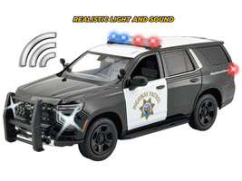 2025 Chevrolet Tahoe PPV CHP California Highway Patrol Black and White with Flashing Light Bar and Front and Rear Lights and Sounds 1/24 Diecast Model Car Motormax 79629
