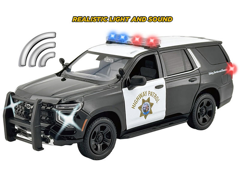 2025 Chevrolet Tahoe PPV CHP California Highway Patrol Black and White with Flashing Light Bar and Front and Rear Lights and Sounds 1/24 Diecast Model Car Motormax 79629