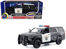 2025 Chevrolet Tahoe PPV CHP California Highway Patrol Black and White with Flashing Light Bar and Front and Rear Lights and Sounds 1/24 Diecast Model Car Motormax 79629