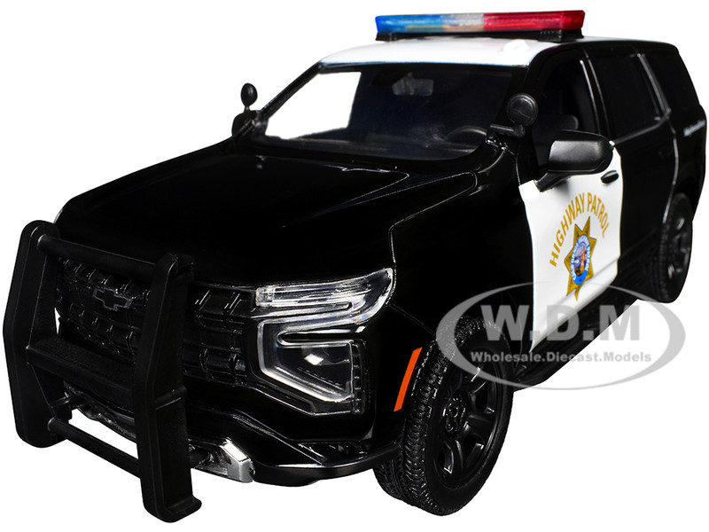 2025 Chevrolet Tahoe PPV CHP California Highway Patrol Black and White with Flashing Light Bar and Front and Rear Lights and Sounds 1/24 Diecast Model Car Motormax 79629