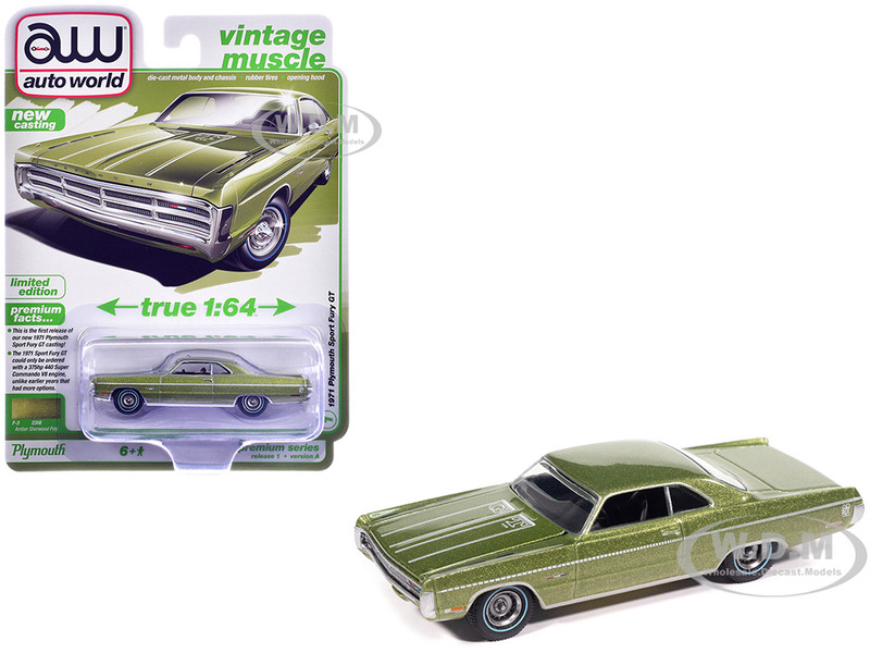 1971 Plymouth Sport Fury GT Amber Sherwood Green Metallic with White Graphics Vintage Muscle Series 1/64 Diecast Model Car Auto World 64532-AWSP211A