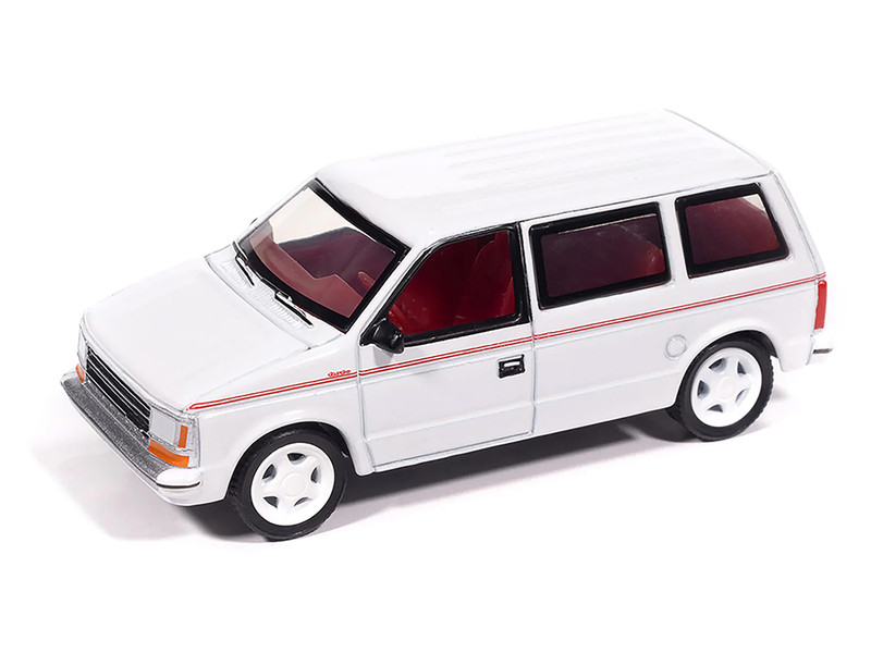 1989 Plymouth Voyager Turbo Van Bright White with Red Stripes and Interior Mighty Minivans Series 1/64 Diecast Model Car Auto World 64532-AWSP213A
