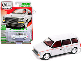 1989 Plymouth Voyager Turbo Van Bright White with Red Stripes and Interior Mighty Minivans Series 1/64 Diecast Model Car Auto World 64532-AWSP213A