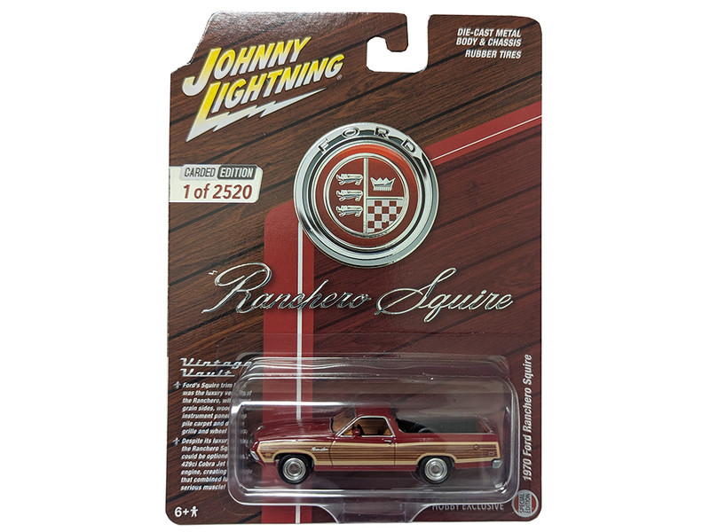 1970 Ford Ranchero Squire Red with Woodgrain Sides Hobby Exclusive Series Limited Edition to 2520 pieces Worldwide 1/64 Diecast Model Car Johnny Lightning JLSP441