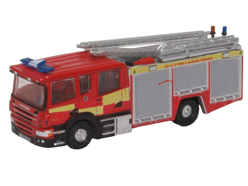 Scania Pump Ladder Fire Engine Surrey Fire and Rescue Red with Yellow Stripes 1/148 (N) Scale Diecast Model Car Oxford Diecast NSFE007
