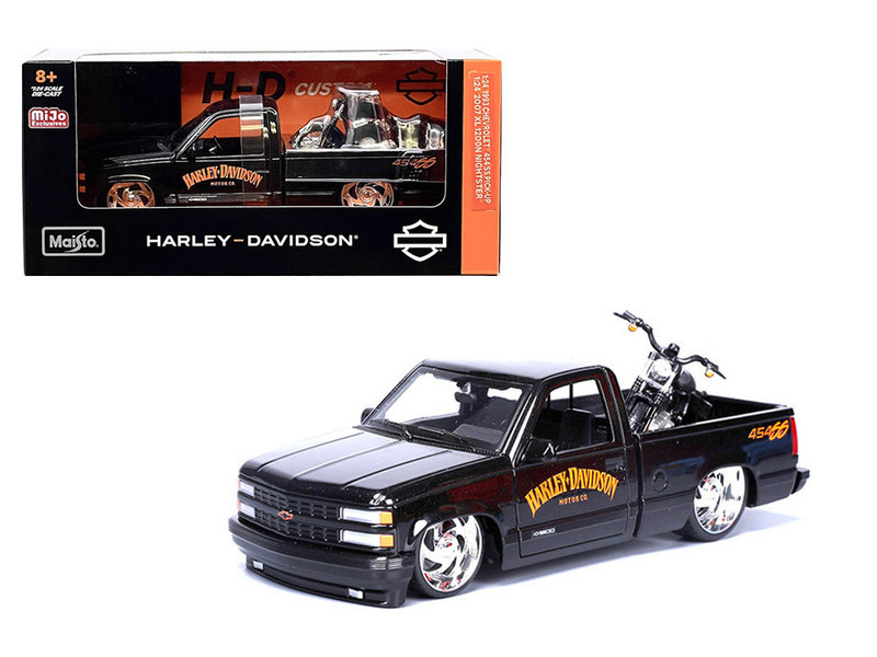 1993 Chevrolet 454 SS Pickup Truck Harley Davidson Black and 2007 Harley Davidson XL 1200N Nightster Motorcycle Black H D Custom Series 1/24 Diecast Model Car Maisto 32276-BLK