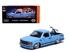 1993 Chevrolet 454 SS Pickup Truck Harley Davidson Light Blue and 2007 HarleyDavidson XL 1200N Nightster Motorcycle Light Blue H D Custom Series 1/24 Diecast Model Car Maisto 32276-CBL
