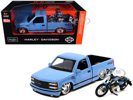 1993 Chevrolet 454 SS Pickup Truck Harley Davidson Light Blue and 2007 HarleyDavidson XL 1200N Nightster Motorcycle Light Blue H D Custom Series 1/24 Diecast Model Car Maisto 32276-CBL