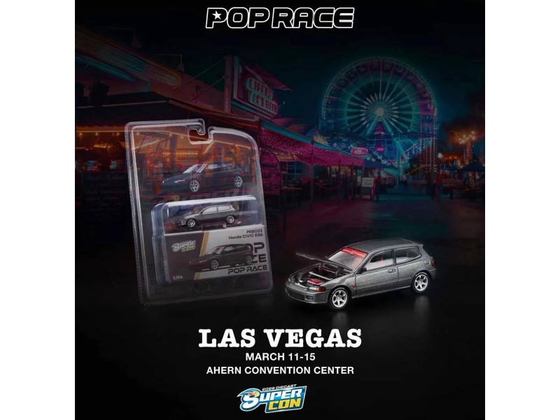 Honda Civic EG6 RHD Right Hand Drive Gray Metallic with Red Interior 2026 Diecast Super Con Las Vegas Event Exclusive 1/64 Diecast Model Car Pop Race PRB002