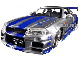 Brian s Nissan GTR Skyline R34 RHD Right Hand Drive Silver with Blue Stripes Fast & Furious 25th Anniversary Series 1/24 Diecast Model Car Jada 97158-25TH