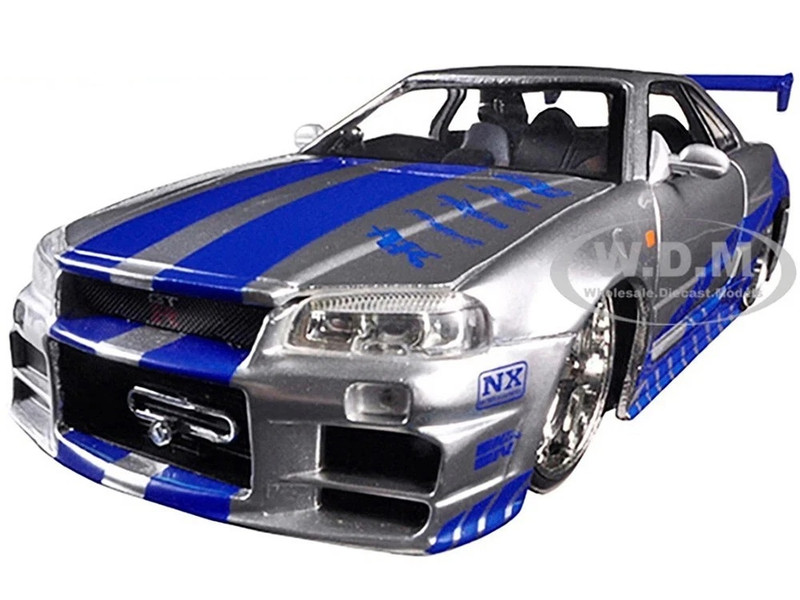 Brian s Nissan GTR Skyline R34 RHD Right Hand Drive Silver with Blue Stripes Fast & Furious 25th Anniversary Series 1/24 Diecast Model Car Jada 97158-25TH