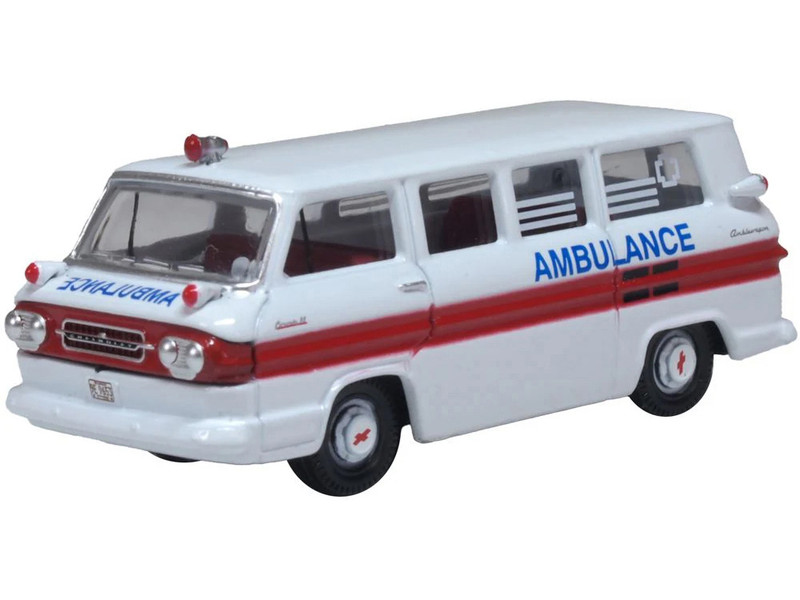1962 Chevrolet Corvair Greenbrier AmbleWagon Ambulance White with Red Stripes 1/87 (HO) Scale Diecast Model Car Oxford Diecast 87CG61002