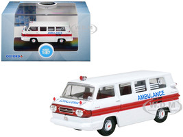 1962 Chevrolet Corvair Greenbrier AmbleWagon Ambulance White with Red Stripes 1/87 (HO) Scale Diecast Model Car Oxford Diecast 87CG61002