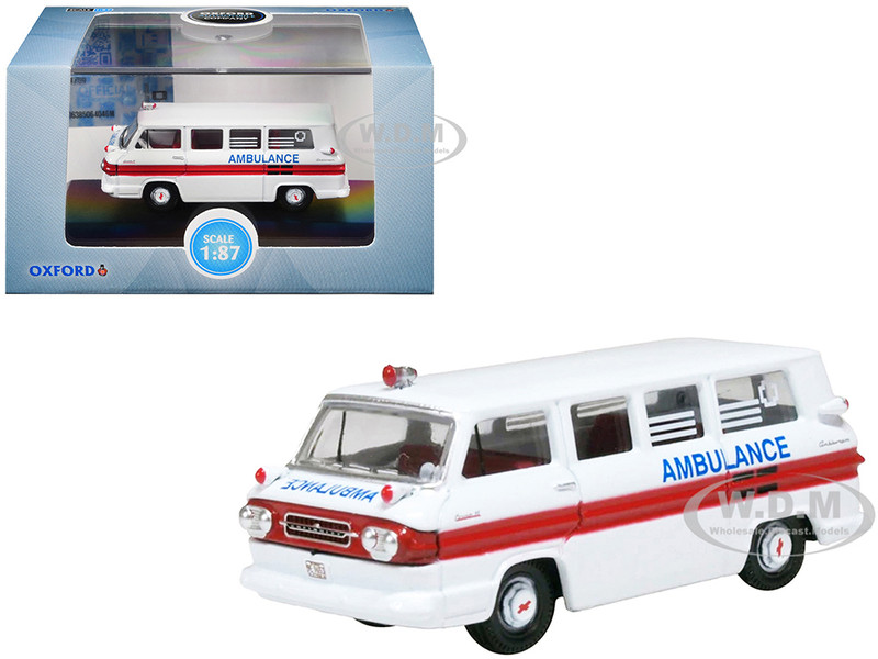 1962 Chevrolet Corvair Greenbrier AmbleWagon Ambulance White with Red Stripes 1/87 (HO) Scale Diecast Model Car Oxford Diecast 87CG61002