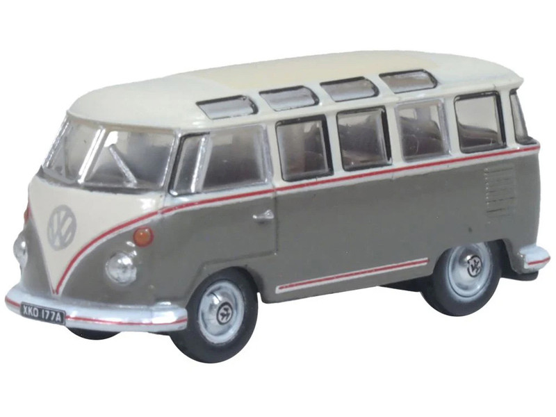 Volkswagen T1 Samba Bus Mouse Grey and Pearl White with Red Stripes 1/148 (N) Scale Diecast Model Car Oxford Diecast NVWS009