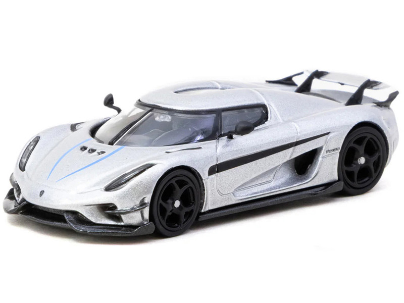 Koenigsegg Regera Silver Metallic with Blue Accents and Collectible Tarmac Cards Global64 Series 1/64 Diecast Model Tarmac Works T64G-TL017-SL