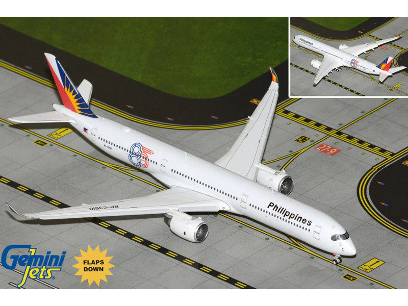 Airbus A350-1000 Commercial Aircraft with Flaps Down "Philippine Airlines - 85 Years" (RP-C3510) White with Tail Graphics 1/400 Diecast Model Airplane by GeminiJets GJPAL2397F