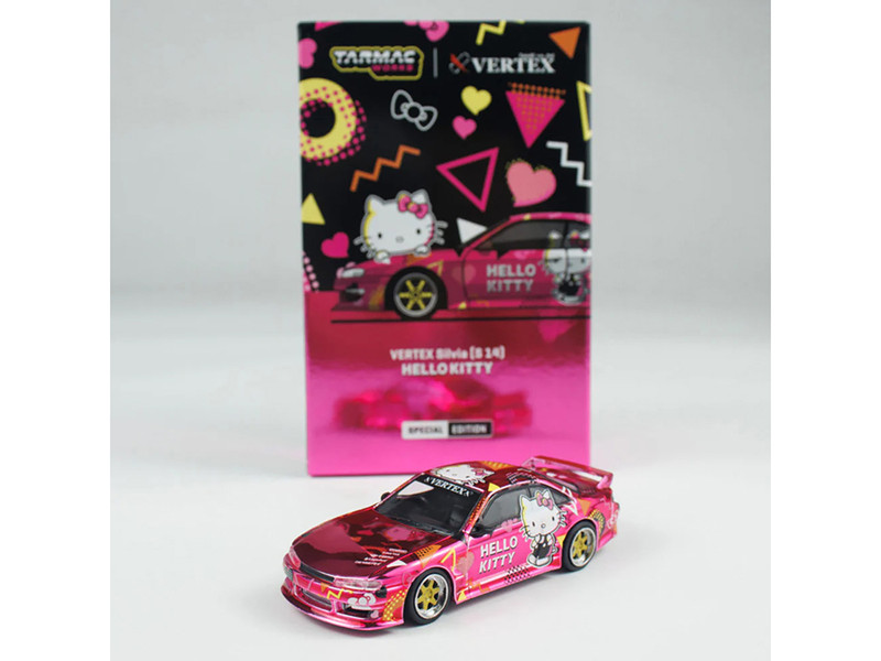 Nissan Vertex Silvia S14 RHD Right Hand Drive Hello Kitty Pink Metallic with Graphics Global64 Series 1/64 Diecast Model Car Tarmac Works T64G-018-HK2