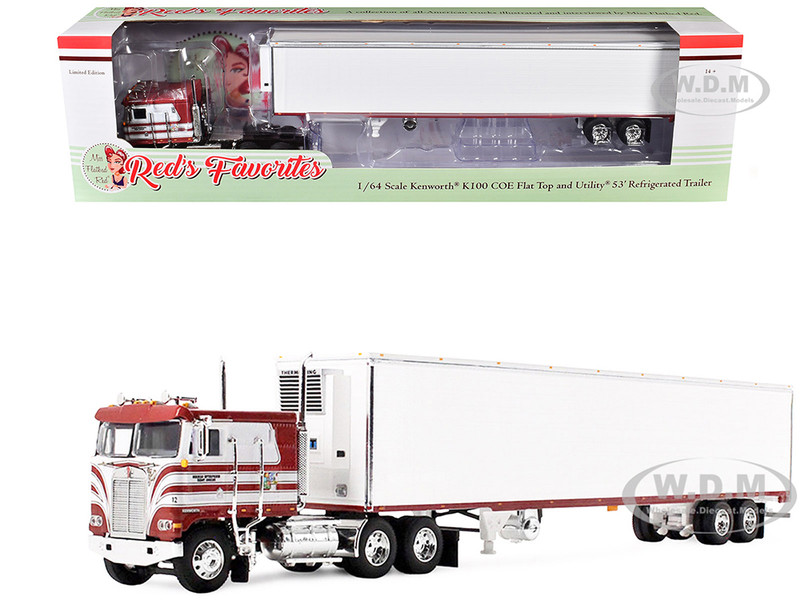 Kenworth K100 COE Flat Top and 53 Utility Trailer with Reefer Red s Favorites Jim Skrinar Red with White Stripes 1/64 Diecast Model DCP/First Gear 69-2253