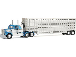 Kenworth W900A with 36 Sleeper and 45 Wilson Vintage Livestock Trailer Mariner Blue and White with Silver Trailer 1/64 Diecast Model DCP/First Gear 60-2136
