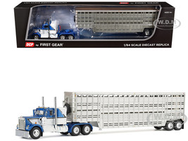 Kenworth W900A with 36 Sleeper and 45 Wilson Vintage Livestock Trailer Mariner Blue and White with Silver Trailer 1/64 Diecast Model DCP/First Gear 60-2136