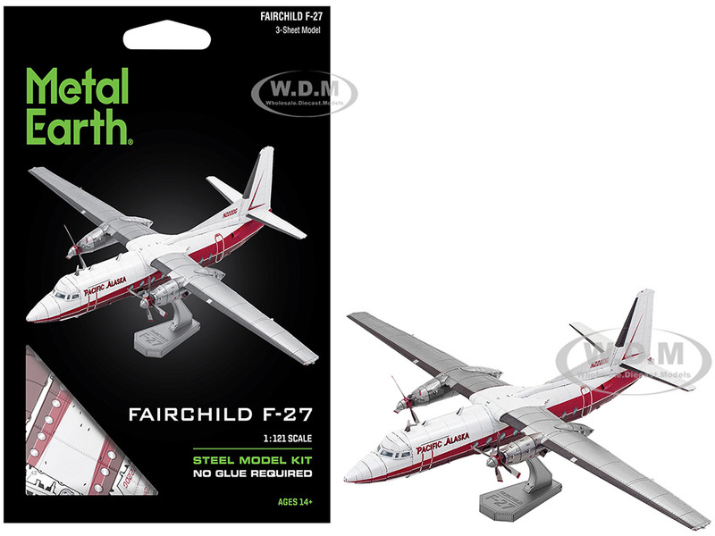 Model Kit Fairchild F 27 Commercial Aircraft Pacific Alaska White with Red Stripes Moderate Difficulty Steel Model Metal Earth ME1049