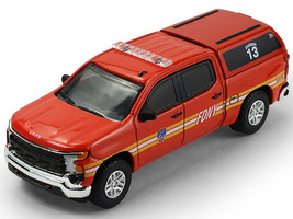 2023 Chevrolet Silverado Pickup Truck with Camper Shell FDNY New York City Fire Department Red with Stripes Fire & Rescue Series #5 1/64 Diecast Model Car Greenlight 67070E