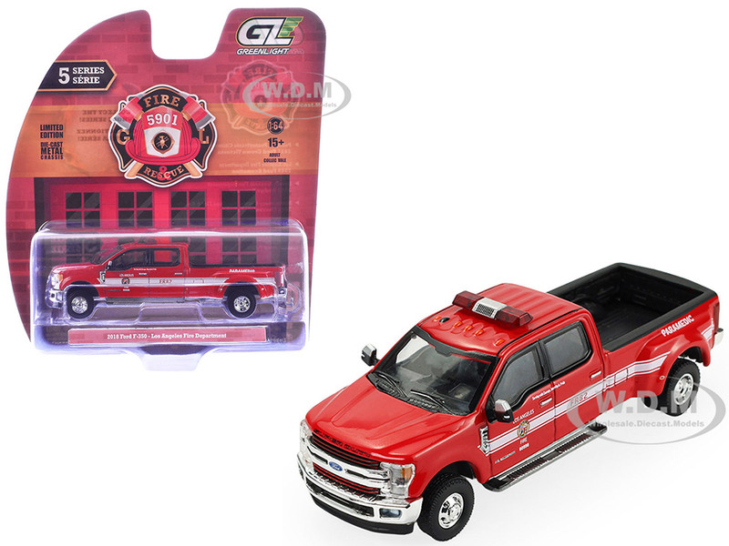 2018 Ford F 350 Pickup Truck Los Angeles Fire Department Red with White Stripes Fire & Rescue Series #5 1/64 Diecast Model Car Greenlight 67070F