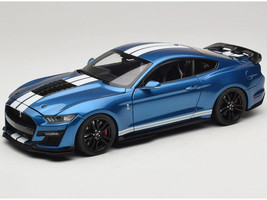 2022 Ford Mustang Shelby GT500 Blue Metallic with White Stripes 1/18 Diecast Model Car IXO Models 18RDC244-FO