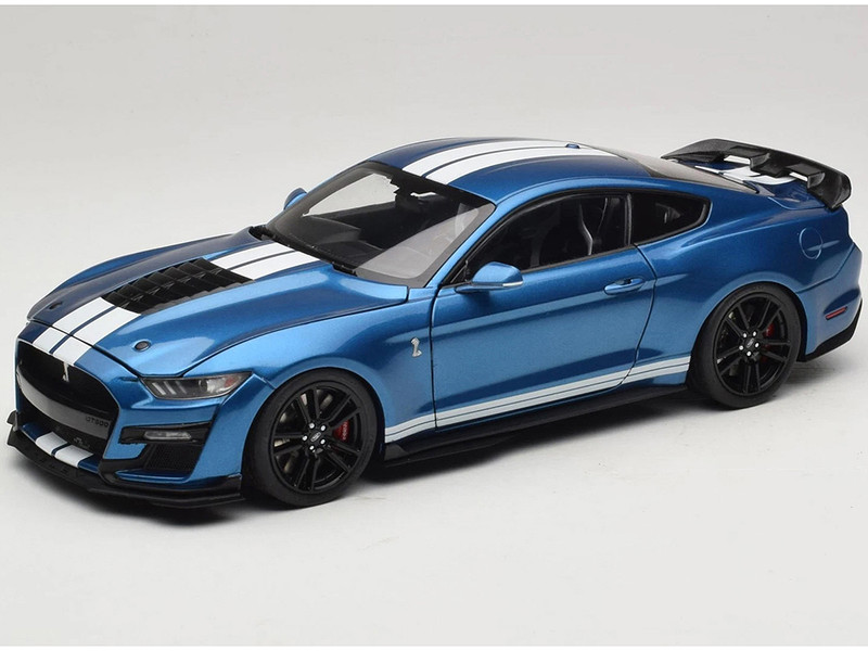 2022 Ford Mustang Shelby GT500 Blue Metallic with White Stripes 1/18 Diecast Model Car IXO Models 18RDC244-FO
