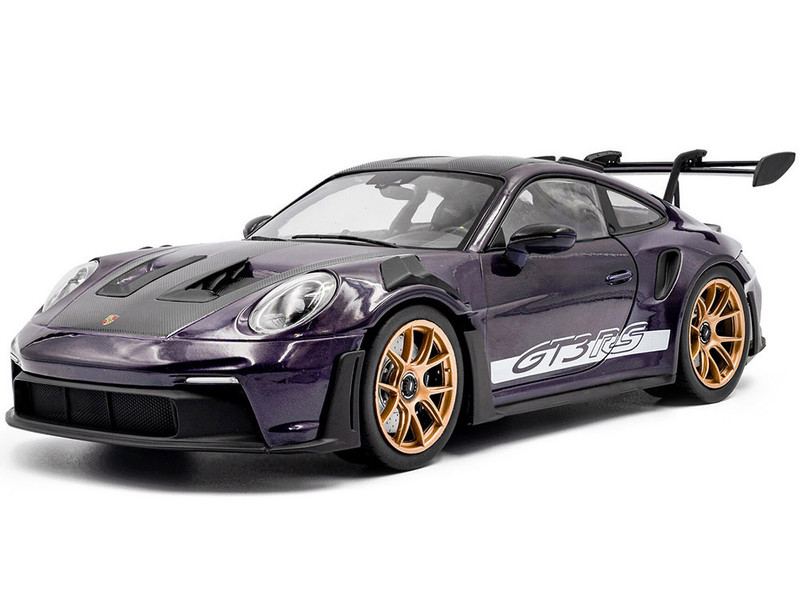 2024 Porsche 911 GT3 RS Weissach Package Viola Purple Metallic with Carbon Hood Stripes and Top 1/18 Diecast Model Car Solido S1812103