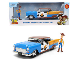 1955 Chevrolet Bel Air Blue with Graphics and Woody Diecast Figure Toy Story Franchise Hollywood Rides Series 1/24 Diecast Model Car Jada 37430