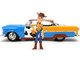 1955 Chevrolet Bel Air Blue with Graphics and Woody Diecast Figure Toy Story Franchise Hollywood Rides Series 1/24 Diecast Model Car Jada 37430